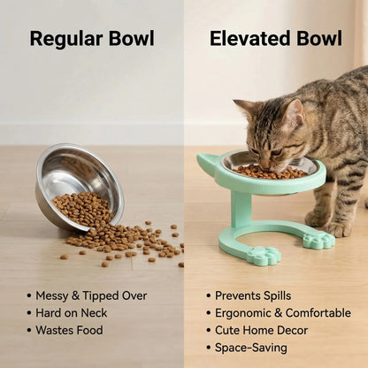 Elevated Tilted Cat Bowl, 316 Stainless Steel Raised Feeder with Anti-Slip Paw Stand, Catbowl, Whisker Friendly Neck Protection Pet Food Dish, Easy Clean Portable Kitten Feeding Bowl for Senior Cats & Small Puppies