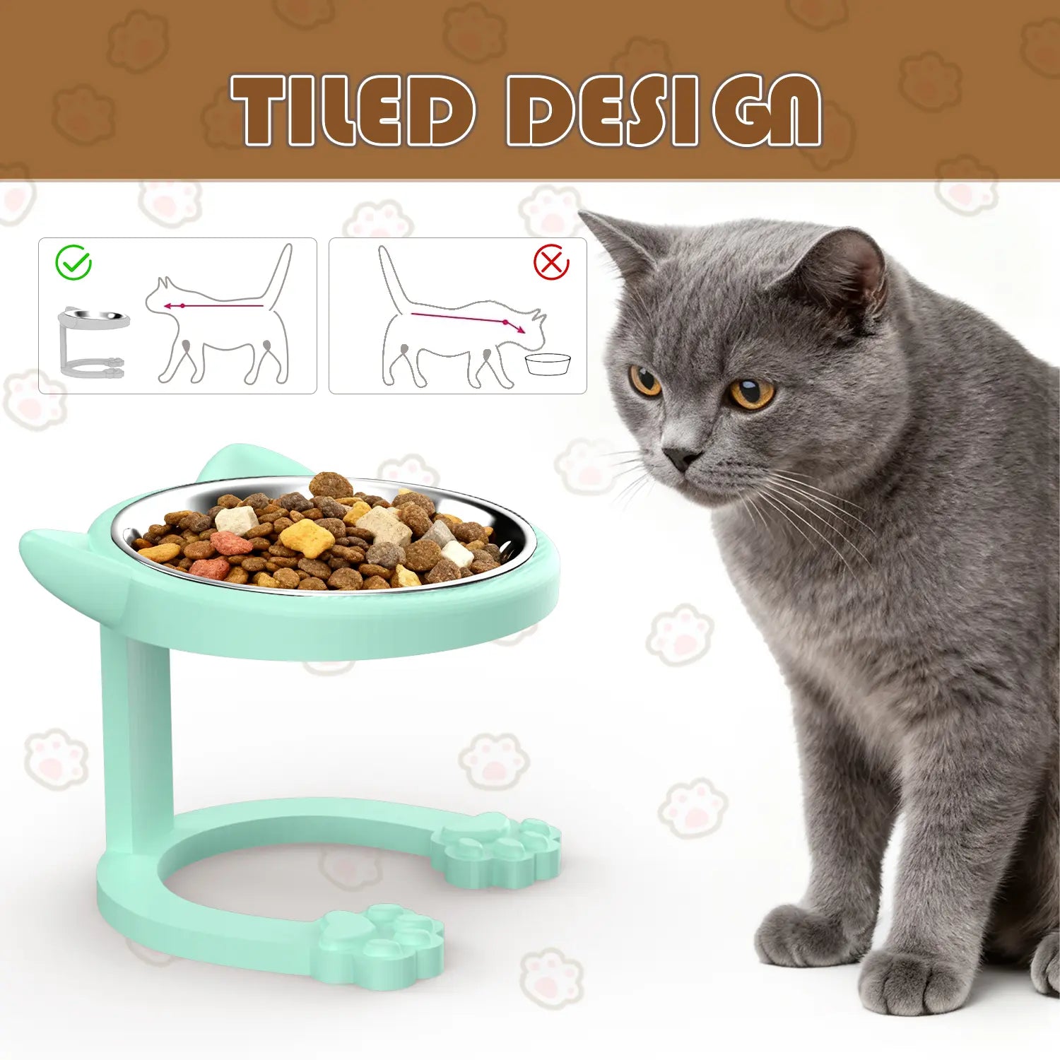 Elevated Tilted Cat Bowl, 316 Stainless Steel Raised Feeder with Anti-Slip Paw Stand, Catbowl, Whisker Friendly Neck Protection Pet Food Dish, Easy Clean Portable Kitten Feeding Bowl for Senior Cats & Small Puppies